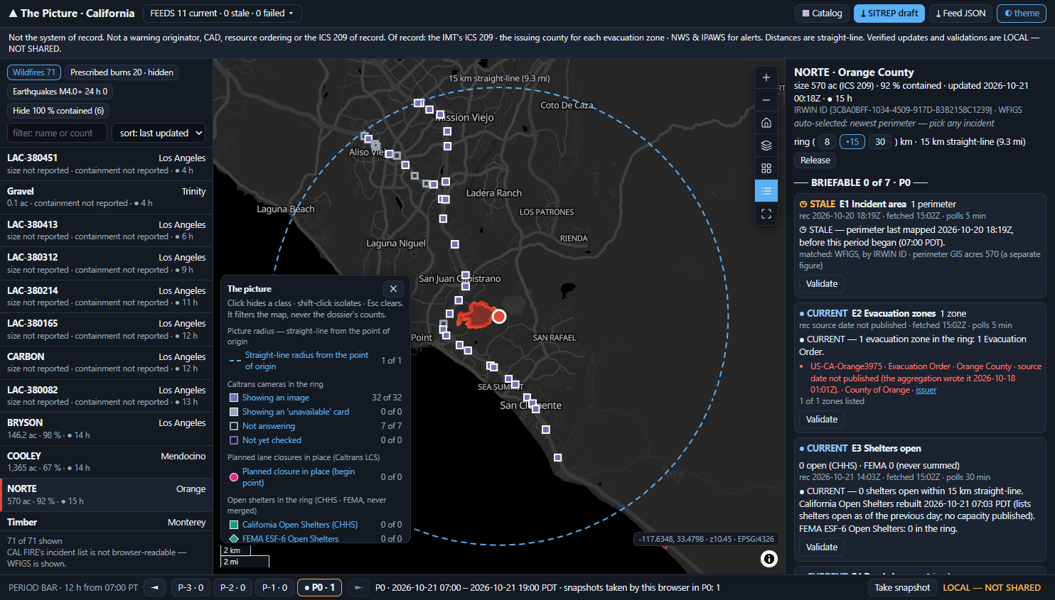 The Picture at first paint: incident rail on the left with NORTE selected, a dark map with the dashed 15 km straight-line ring round the NORTE perimeter and Caltrans camera squares, the legend open, and the dossier on the right reading BRIEFABLE 0 of 7 with E1 Incident area STALE.