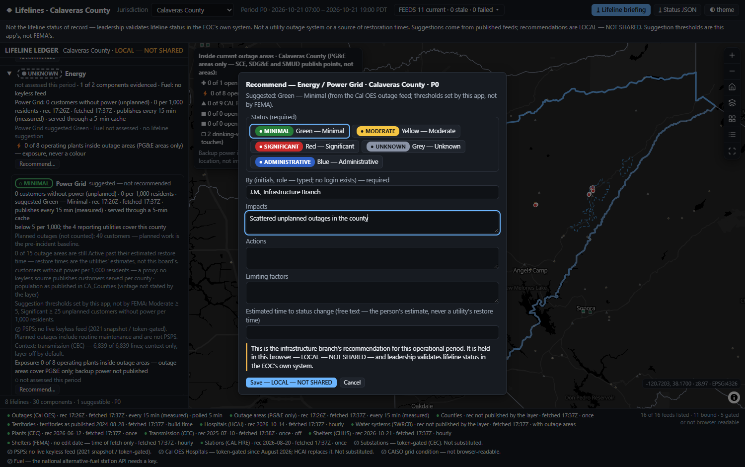 The recommendation dialog for Energy / Power Grid in Calaveras County: the five FEMA statuses, the recommender's initials and role, Impacts, Actions, Limiting factors, Estimated time to status change, and the LOCAL — NOT SHARED notice on the Save button.