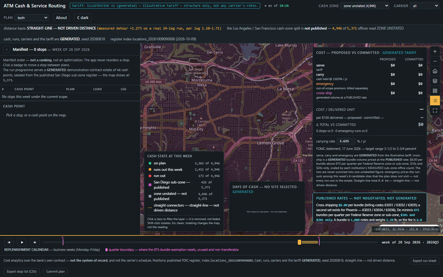 The app scoped to zone unstated: every cost cell reads $0, the cost per delivered unit reads an em dash, and the exemption gauge is greyed out because that denominator is not published.