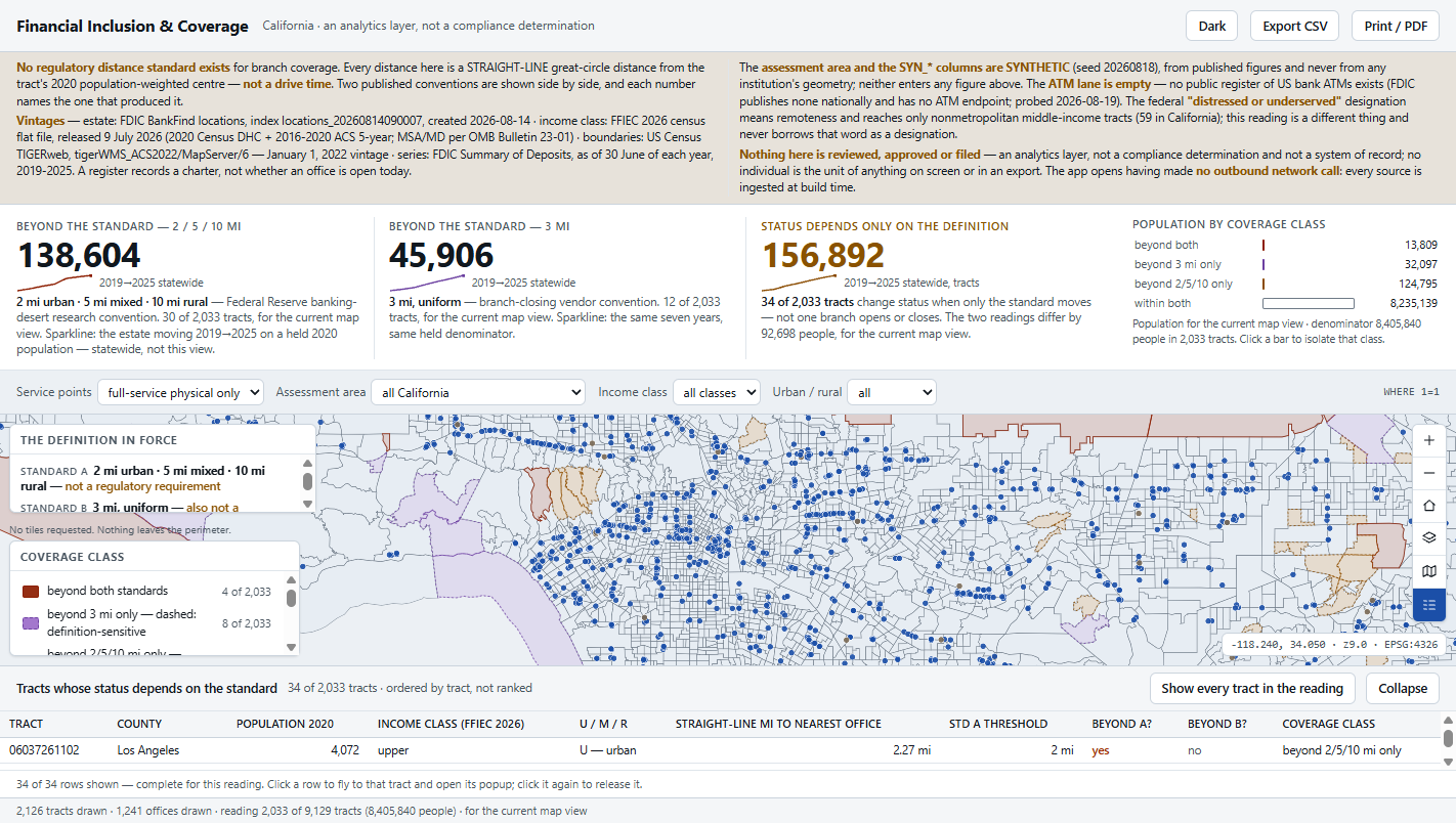 The same app panned into Los Angeles: all three numerals have recomputed for the visible extent — 138,604, 45,906 and 156,892 over 2,033 tracts — while every caption naming the standard is unchanged.
