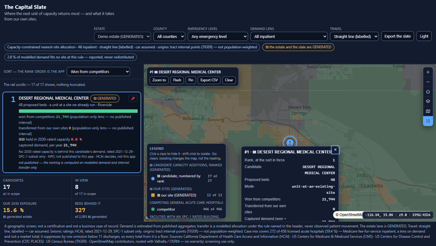 A candidate adopted: the rank-1 card highlighted in the rail, the map flown to Desert Regional Medical Center with the numbered dot under a selection halo, the quick-action menu open, and the popup filled with the rank, the mode, the won and transferred figures.