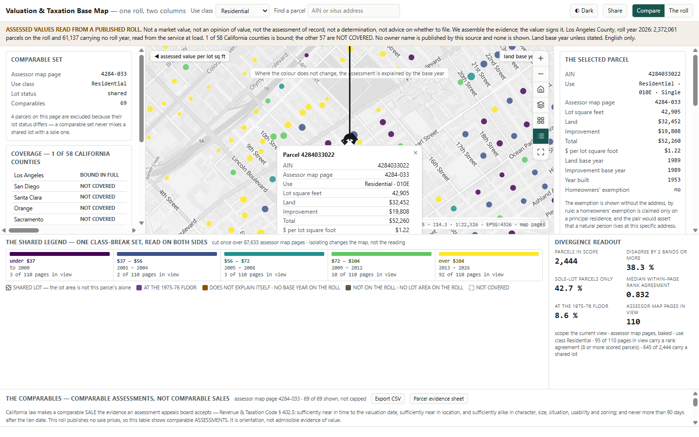 A selected parcel: its card showing both colour bands, the popup open on both sides of the map, and the comparables table with the section 402.5 note printed above it.